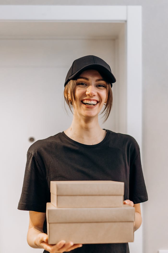 Cheerful female courier in a black cap carrying packages inside a home.